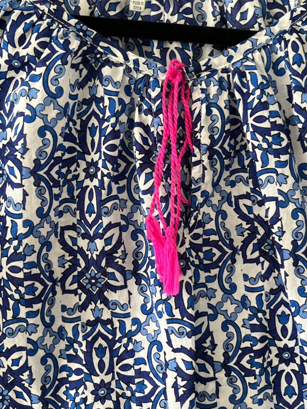 Milly Blue and White Printed Peasant Blouse with Pink Tassel - Picture 3 of 15
